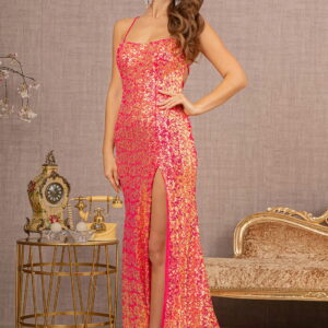 Straight-Across Sequin Mesh Mermaid Dress with Lace-Up Back