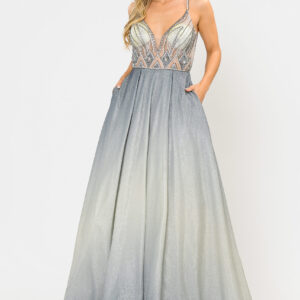 Silver Ombre Glitter Prom Dress with Spaghetti Straps and Illusion V-Neck