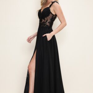 Beaded Embroidered Chiffon Dress with Front Slit
