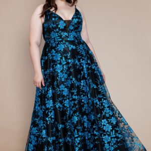 Floral Glitter Mesh Curve Prom Dress – Black & Turquoise
