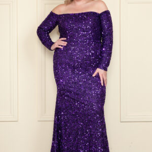 Curve Off-the-Shoulder Long Sleeve Sequin Velvet Knit Fitted Gown