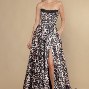Animal Print Satin A-Line Dress with Front Slit