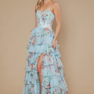 Blue Floral Chiffon A-Line Dress with Ruffle Skirt