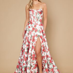 Off White Floral Satin A-Line Dress with Lace-Up Back