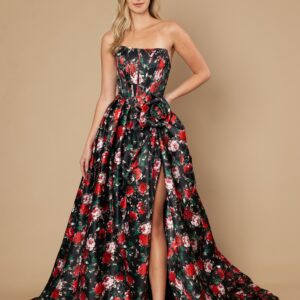 Black Floral Satin A-Line Strapless Prom Dress with Slit and Lace-Up Back