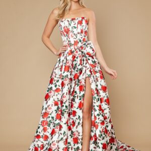 White Floral Satin A-Line Strapless Prom Dress with Slit and Lace-Up Back