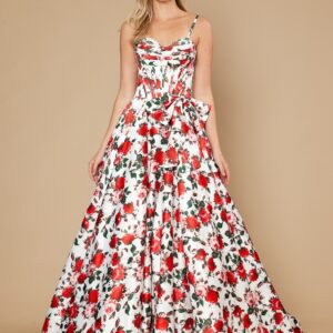 Off White Floral Satin A-Line Prom Dress with Side Bow
