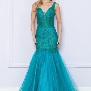 Glitter Mermaid Dress with Deep V-Neck and Illusion Mesh