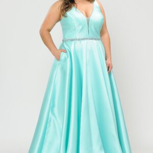 Curvy Deep V-Neck A-Line Prom Dress with Corset Back and Pockets