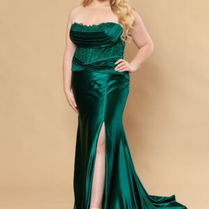 Curve Prom Dress – Emerald Green Fitted Satin with Embroidered Bodice