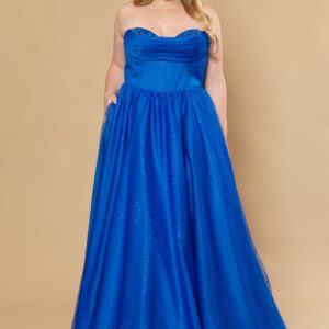 Curve Prom Dress – Royal Blue A-Line Satin with Stone Mesh