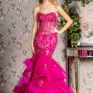 Magenta Sequin Trumpet Long Dress with Sheer Bodice and Ruffled Skirt