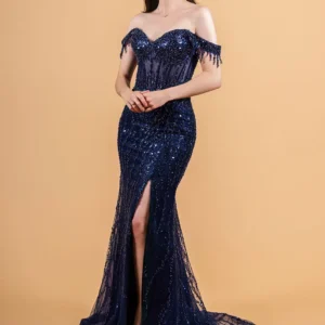 Navy Beaded Sequin Corset Dress with Sheer Mesh Bodice and Slit Skirt