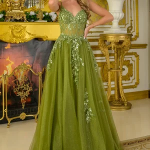 Green Olive A-Line Floor-Length Prom Dress with Sheer V-Neck and 3D Floral Appliqués