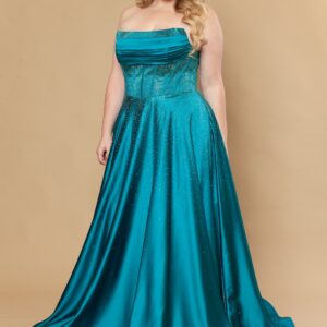 Curvy A-Line Poly Span Satin Dress with Rhinestones